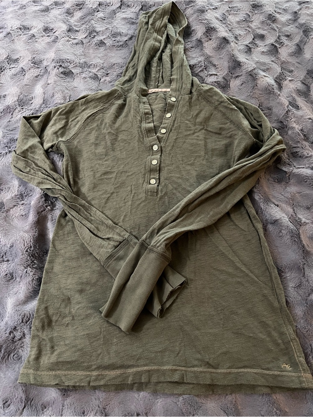 Gray Hooded Slub Henley  Long Sleeve Top - Women
